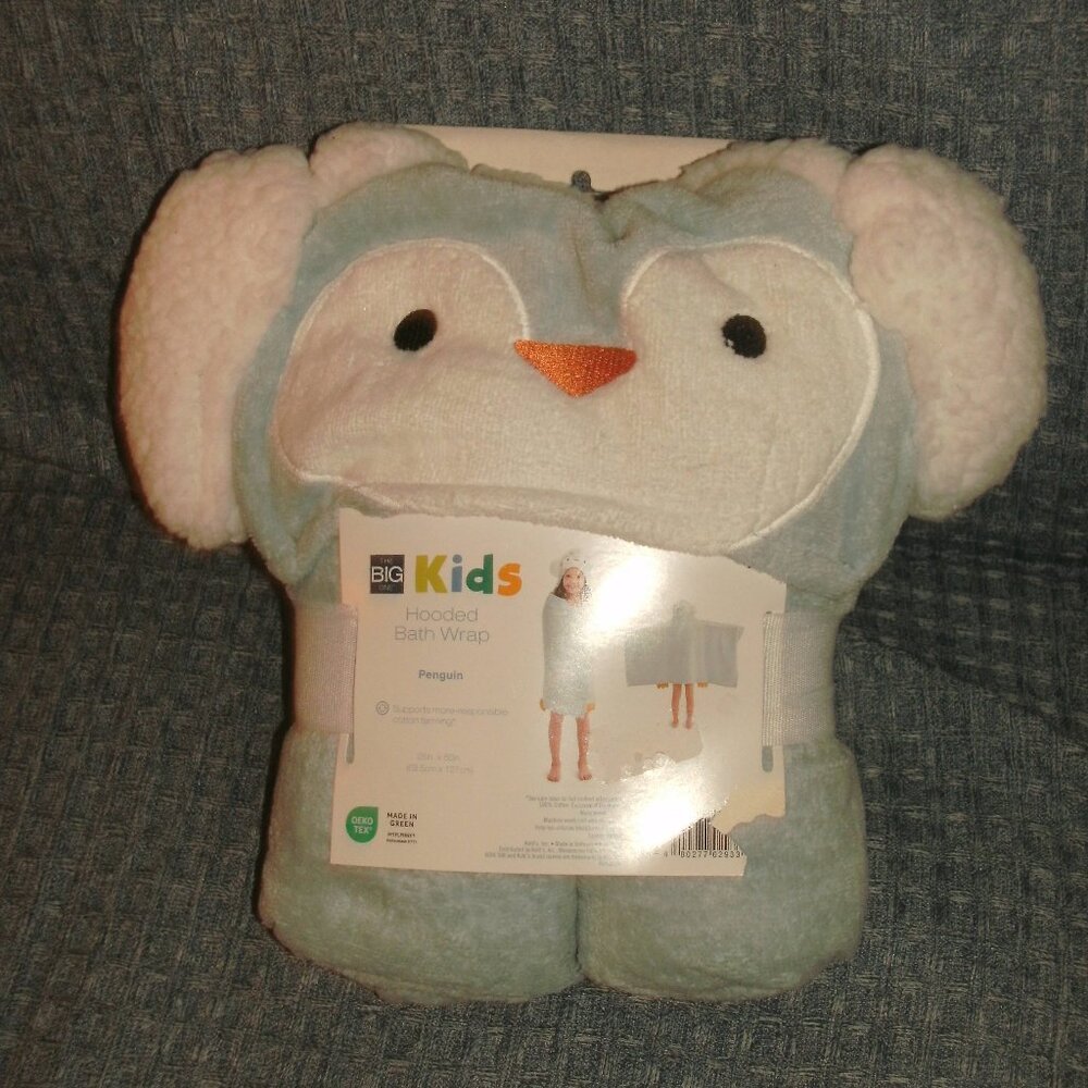 Adorable NWT The Big One Kids Hooded Bath Wrap PENGUIN 25" x 50" 100% Cotton NEW